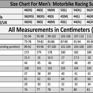 May include: Size chart for a men's motorbike racing suit with measurements in inches for chest, waist, hip, height, shoulder, neck to waist, external leg length, neck girth, sleeve length, bicep girth, and inseam.