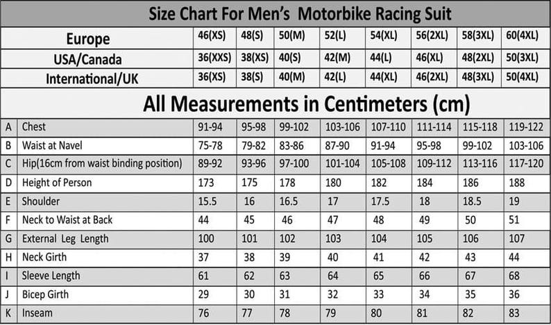May include: Size chart for a men's motorbike racing suit with measurements in inches for chest, waist, hip, height, shoulder, neck to waist, external leg length, neck girth, sleeve length, bicep girth, and inseam.