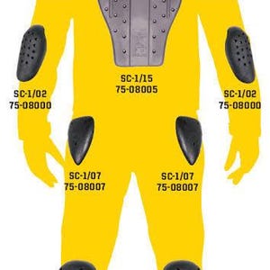 May include: A yellow silhouette of a person wearing black protective pads for the shoulders, elbows, knees, and back. The pads are labeled with product codes and numbers.