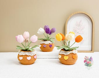 Handmade Crochet Tulip in Pot – Cotton Yarn Floral Decor