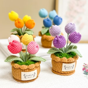 May include: Crocheted flower arrangements in pots. The flowers are made of yarn and come in a variety of colors, including pink, purple, yellow, and blue. The pots are brown and have a crocheted texture. The pots have a label that says "Handmade with love".