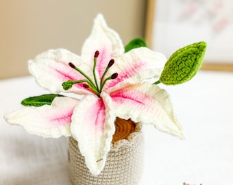 Handmade Crochet White Lily in Pot – Mini Crochet Flower in Pot — Elegant Floral Decor & Thoughtful Gift