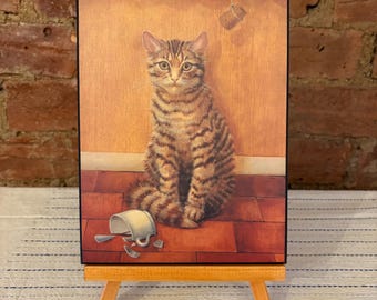 Vintage Tabby Cat Print on Wood: Stripy Cat Wall Art