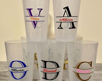 Personalized cups for parties, birthdays, and weddings. Reusable plastic cups with initials and first names.