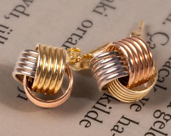 Tri-Color 14k Gold Stud Earrings: Minimalist Three-Tone Design