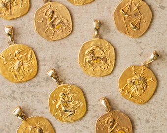 14k Gold Zodiac Necklace, Custom Horoscope Pendant, Unique Astrological Jewelry, Custom Gold Pendant, Gift for Her, Birth Sign Necklace