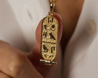 Stone Cartouche Pendant – 14K Gold Handmade Egyptian Necklace, Luxury Jewelry, Unique Hieroglyph Design