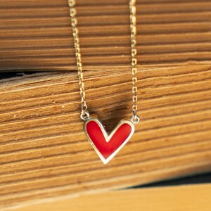 Red Enamel Heart Necklace – Dainty 14K Gold Love Pendant, Romantic Jewelry