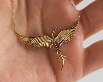 Simurgh Pendant – Phoenix Necklace, Handmade 14K Gold Minimalist Charm