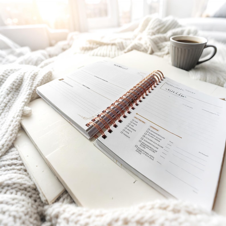 May include: A white spiral bound planner with a copper coil. The planner has a section for daily to-do lists and a section for weekly goals. The planner is open to a page with a list of daily prayers.