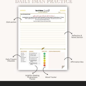 May include: A printable daily iman practice planner with sections for dua, daily prayers, istighfar, mood tracker, and reflection. The planner features a gold and white colour scheme with a handwritten font.