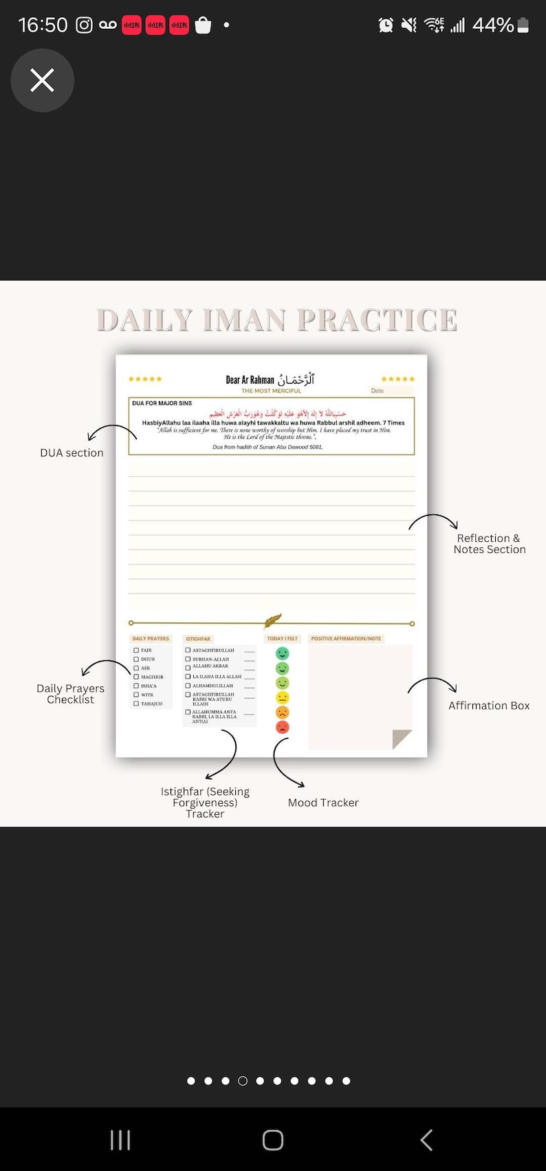 May include: A printable daily iman practice planner with sections for dua, daily prayers, istighfar, mood tracker, and reflection. The planner features a gold and white colour scheme with a handwritten font.