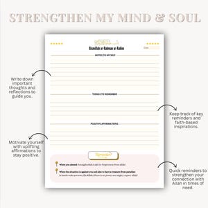 May include: A printable journal page with gold accents and lined paper. The page is titled "Strengthen My Mind & Soul" and includes sections for notes to self, things to remember, positive affirmations, and reminders. The page also includes the phrase "Bismillah ar-Rahman ar-Rahim" in Arabic calligraphy.