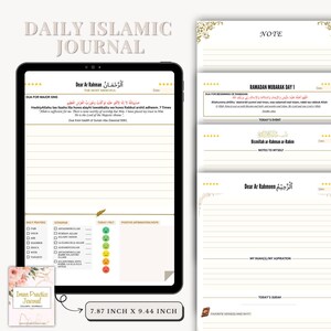 May include: A digital planner for daily Islamic journaling. The planner features a daily dua, space for notes, and a section for tracking daily prayers. The planner is 20 cm by 24 cm.