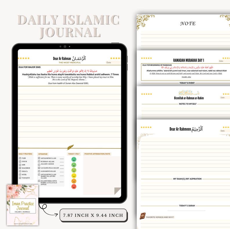 May include: A digital planner for daily Islamic journaling. The planner features a daily dua, space for notes, and a section for tracking daily prayers. The planner is 20 cm by 24 cm.