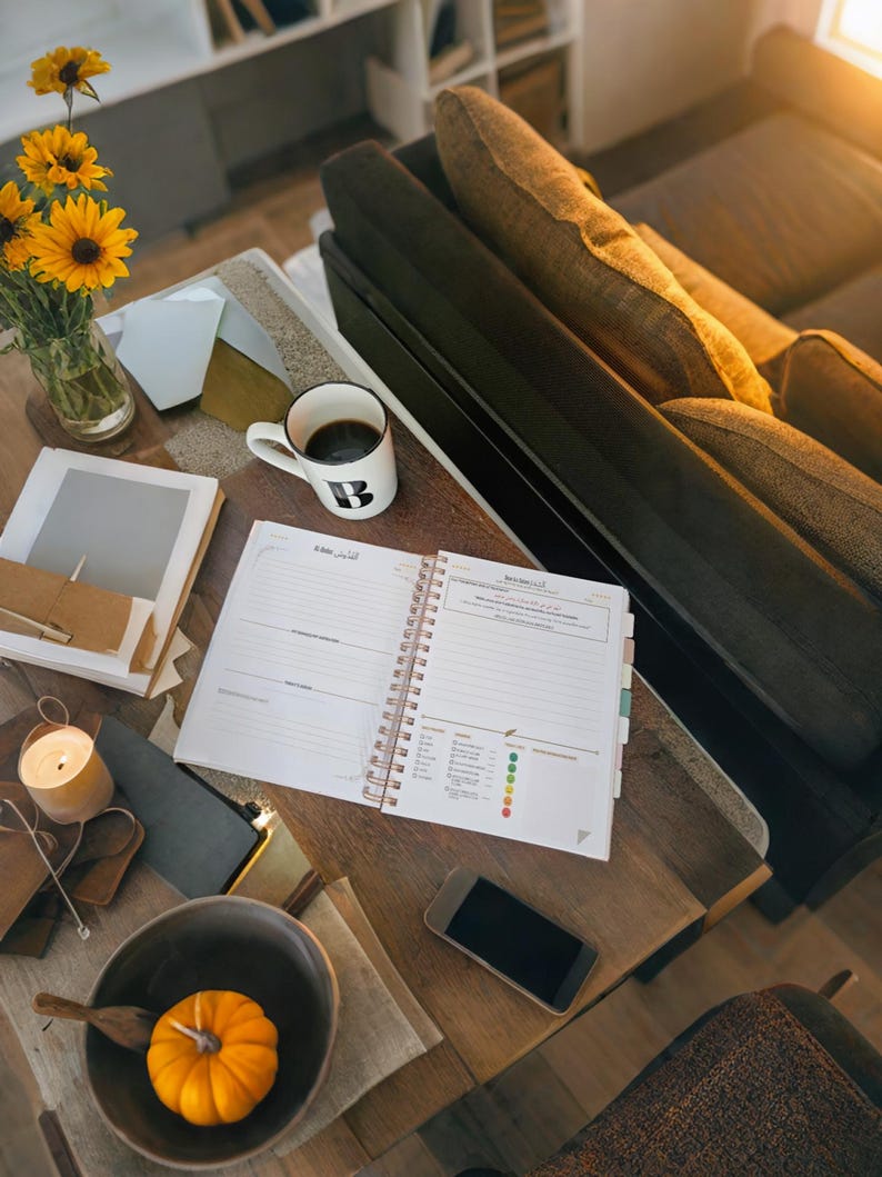 May include: A wooden table with a white planner, a cup of coffee, a smartphone, a candle, a bowl with a pumpkin, and a bouquet of yellow flowers. The table is next to a brown sofa.