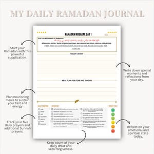 May include: A printable Ramadan journal with a gold and white design. The journal includes sections for daily prayers, meal plans, reflections, and a daily mood tracker. The text "Ramadan Mubarak Day 1" is at the top of the page.