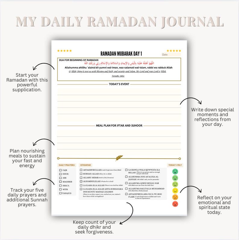 May include: A printable Ramadan journal with a gold and white design. The journal includes sections for daily prayers, meal plans, reflections, and a daily mood tracker. The text "Ramadan Mubarak Day 1" is at the top of the page.