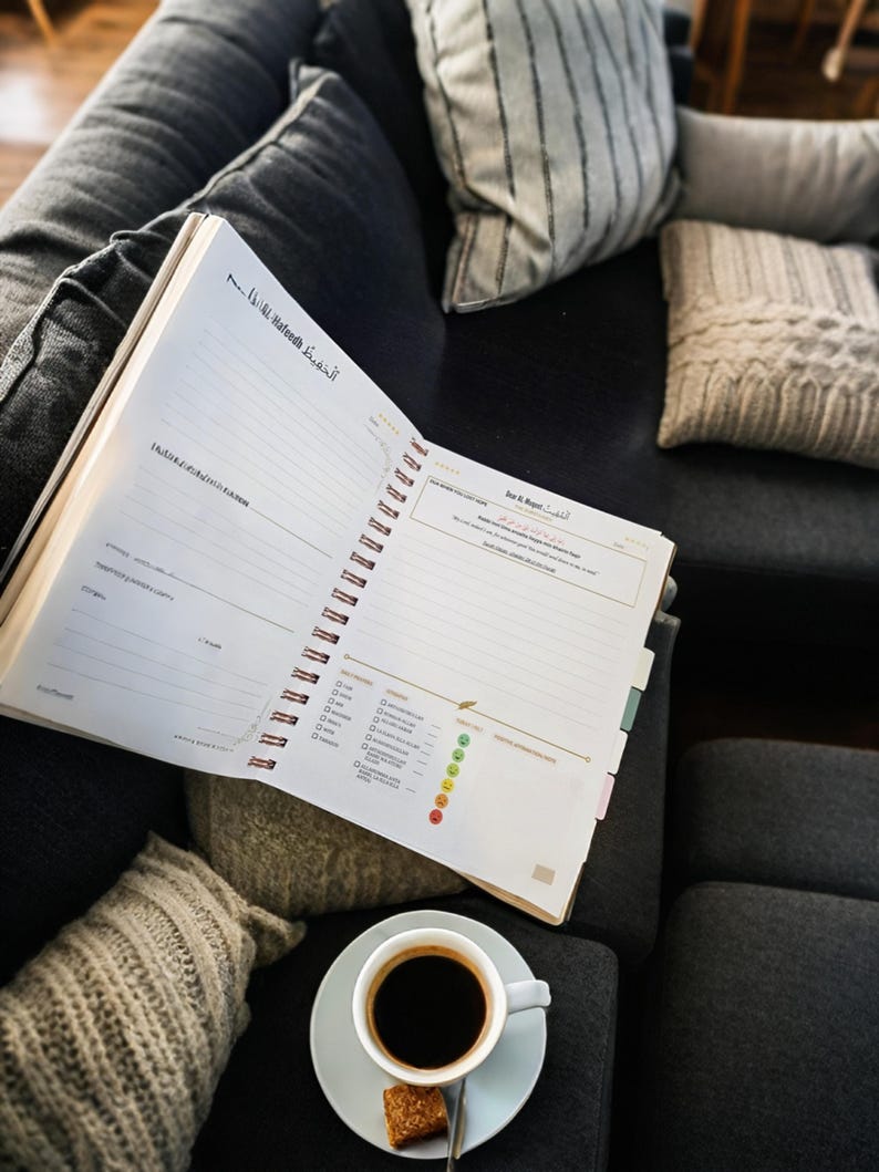 May include: A white spiral bound journal with a black and gold design. The journal is open to a page with a section for daily tasks and a section for mood tracking. A cup of coffee and a sugar cube are on a white saucer next to the journal.