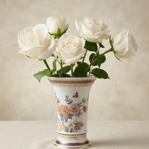 May include: A white porcelain vase with a flared rim and base, decorated with a floral pattern in orange, blue, and green, featuring gold trim at the top and bottom, containing a bouquet of five white roses with green leaves and stems.