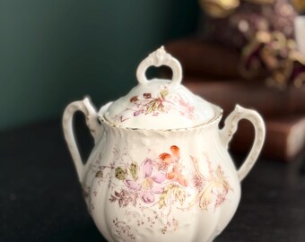 Vintage Limoges Sugar Bowl with Lid French Porcelain Floral Gold Trim Jean Boyer Antique Tea Set Shabby Chic Decor