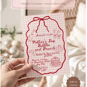 May include: A Mother's Day Brunch invitation with a pink gingham background and red outline. The invitation includes the text "Mother's Day Brunch Invitation" and "Mother's Day Bubbles and Brunch". The invitation is an editable template.