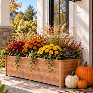 May include: A rectangular wooden planter box filled with a vibrant arrangement of red, orange, and yellow chrysanthemums, ornamental grasses, and trailing ivy. Beside the planter sit one large orange pumpkin and two smaller white and orange pumpkins.