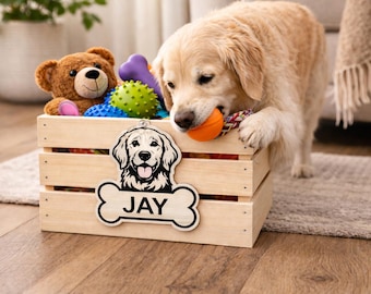Personalized Cedar Dog Toy Storage Crate Bin - Custom Pet Name Plaque, Wooden Bo