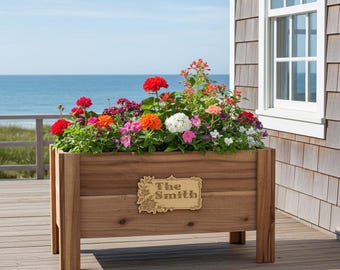 Personalized Cedar Raised Planter Box with Engraved Plaque, Custom Name Garden Planter, Handmade Wooden Flower Box, Housewarming Gift