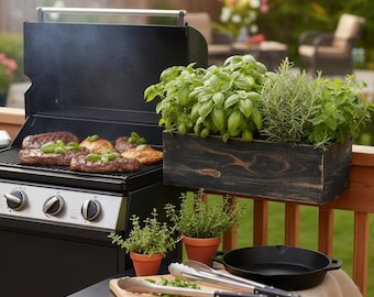 Grill-Side Cedar Herb Planter Box - BBQ Lover Gift, Railing-Mounted Herb Garden for Fresh Grilling Ingredients, Father’s Day Gift for Dad