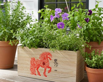 Personalized Chinese Year of the Horse Cedar Planter Box | Indoor or Outdoor