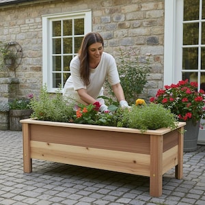 Handmade Heavy Duty Rectangular Raised Outdoor Cedar Wood Garden Planter Box with Legs, Farmhouse Flowers, Vegetables 60" 52" 46" 36" 24"
