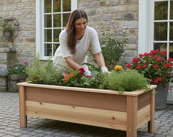 Handmade Heavy Duty Rectangular Raised Outdoor Cedar Wood Garden Planter Box with Legs, Farmhouse Flowers, Vegetables 60" 52" 46" 36" 24"6佛G