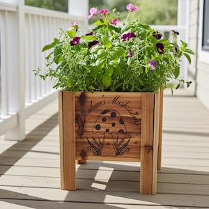 Custom Engraved Personalized Small Planter Pot – Garden Gift Handmade Cedar Wood Planter Box