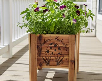 Custom Engraved Personalized Small Planter Pot – Garden Gift Handmade Cedar Wood Planter Box