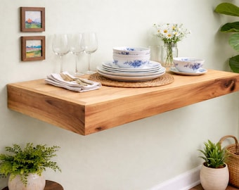 3 Inch Thick Floating Wood Shelf, Heavy Duty Rustic Wall Mantel, Cedar Farmhouse Shelf with Stud Mount Bracket, Handmade Solid Wood Shelf