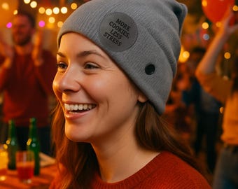 Personalized Engraved Leather Patch Beanie Hat – Custom Cuff Fold Winter Hat with Button Patch | Stocking Stuffer Gift for Men, Women, Kids