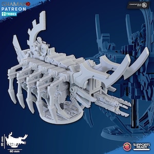 May include: A detailed, white, 3D printed model of a futuristic, multi-legged, spaceship with a long, thin, weapon on the side. The model is on a circular base and is 60 mm in diameter. The model is compatible with one page rules.