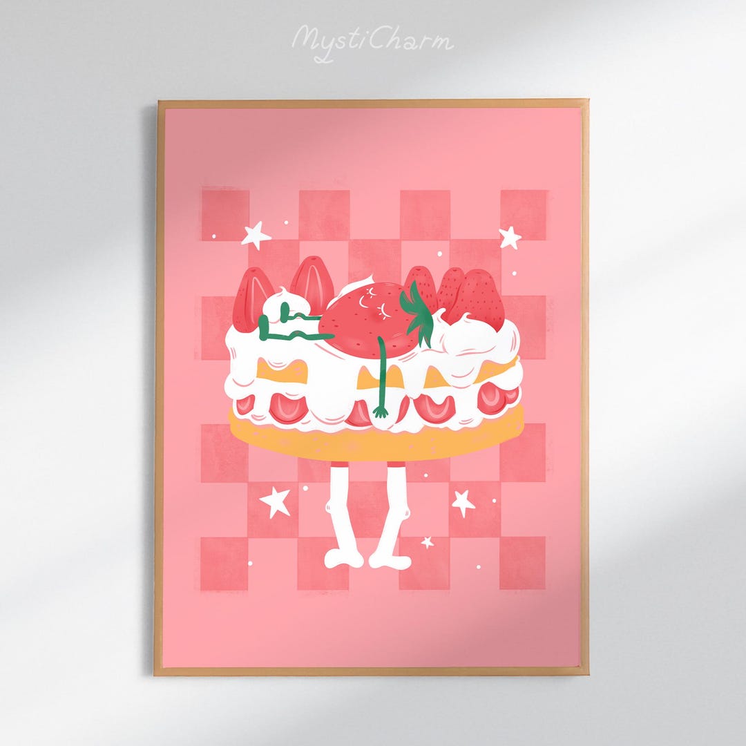 Dessert Wall Art Print Strawberry Cake Poster Pink Digital Print Bakery ...