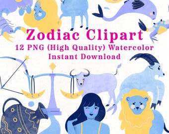 Zodiac Clipart PNG Horoscope Clipart Print Watercolor Clipart Zodiac Sign Bundle Print Astrological PNG Astrology Print Astronomy Clipart