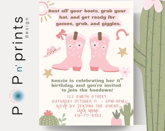 Invitación de cumpleaños de vaquera para niñas, invitación para fiesta de cumpleaños del oeste, cumpleaños de rodeo rosa, invitación editable en Canva