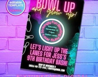 Invitación a fiesta de bolos con luces fluorescentes: Cumpleaños neón, plantilla editable (descarga digital)