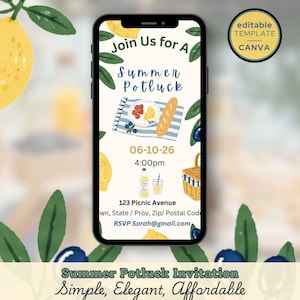 Op de afbeelding: Een smartphone toont een uitnodiging voor een zomerse potluck. Het ontwerp bevat citroenen, blauwe bessen en picknick-illustraties. De tekst luidt "Join Us for A Summer Potluck" en evenementdetails. De uitnodiging is eenvoudig, elegant en betaalbaar.