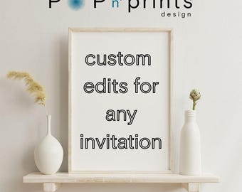 Puede incluir: Un marco blanco con un borde negro, colgado en una pared blanca, con el texto "custom edits for any invitation" dentro del marco. El marco está en un estante blanco con un jarrón de flores secas a la izquierda y un jarrón con una sola flor a la derecha.
