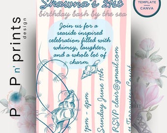 Coastal Birthday Invitation: Beach Theme, Canva Template (Digital Download)