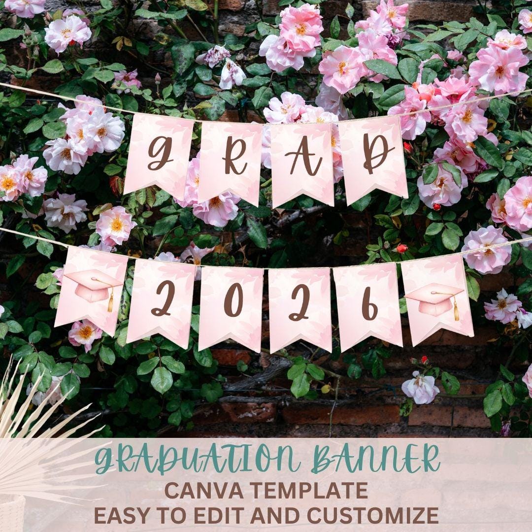 Graduation Pink Pattern Border Editable Pink Floral Graduation Banner Template, Custom Name Grad Party ...