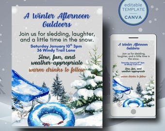 Könnte beinhalten: Eine Einladung zum Thema Winter mit dem Text "A Winter Afternoon Outdoors". Das Design umfasst einen blauen Schlitten, einen blauen Reifen und schneebedeckte Bäume. Die Einladung erscheint auch auf einem Smartphone-Bildschirm.