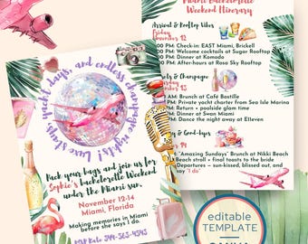 Invitación e itinerario para despedida de soltera en Miami, plantilla editable de Canva, descarga digital, invitación para despedida de soltera tropical