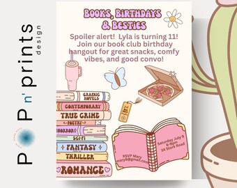 Retro Book Club Birthday Invitation: Editable Canva Template (Digital Download)