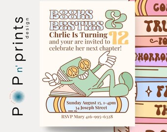 Retro Book Club Birthday Invitation: Customizable Canva Template (Digital Download)